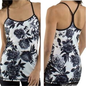 EUC Lululemon Power Y Tank Women's Black Rose White Flower Yoga Top Sz 6